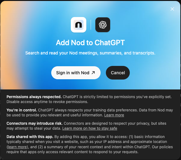 ChatGPT authorization screen for adding Nod, with a Sign in with Nod button and permission details